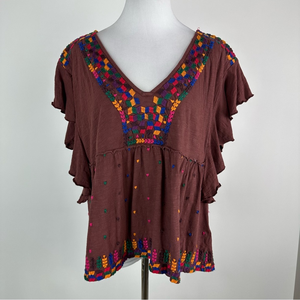 Boho Embroidered V-Neck Flutter Sleeve Top — Brown